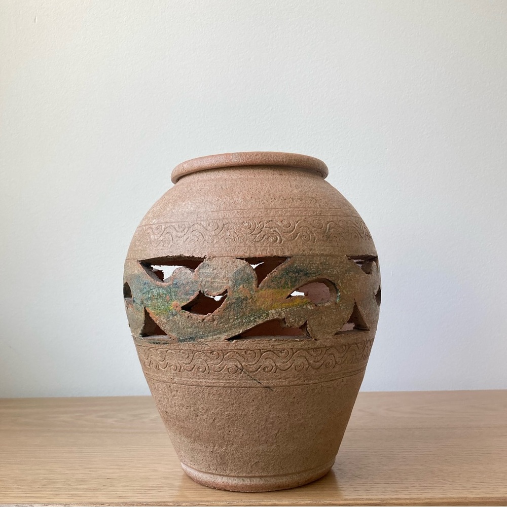 studio pottery rustic carved vase vessel stoneware vintage bohemian boho brown - Picture 5 of 9